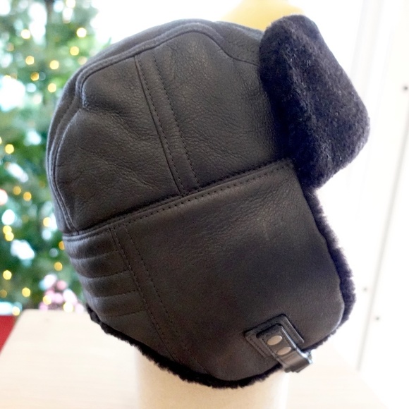 COACH Mens Aviator Motorcycle Hat MEDIUM Black Leather Shearling Vintage USA - Picture 10 of 12